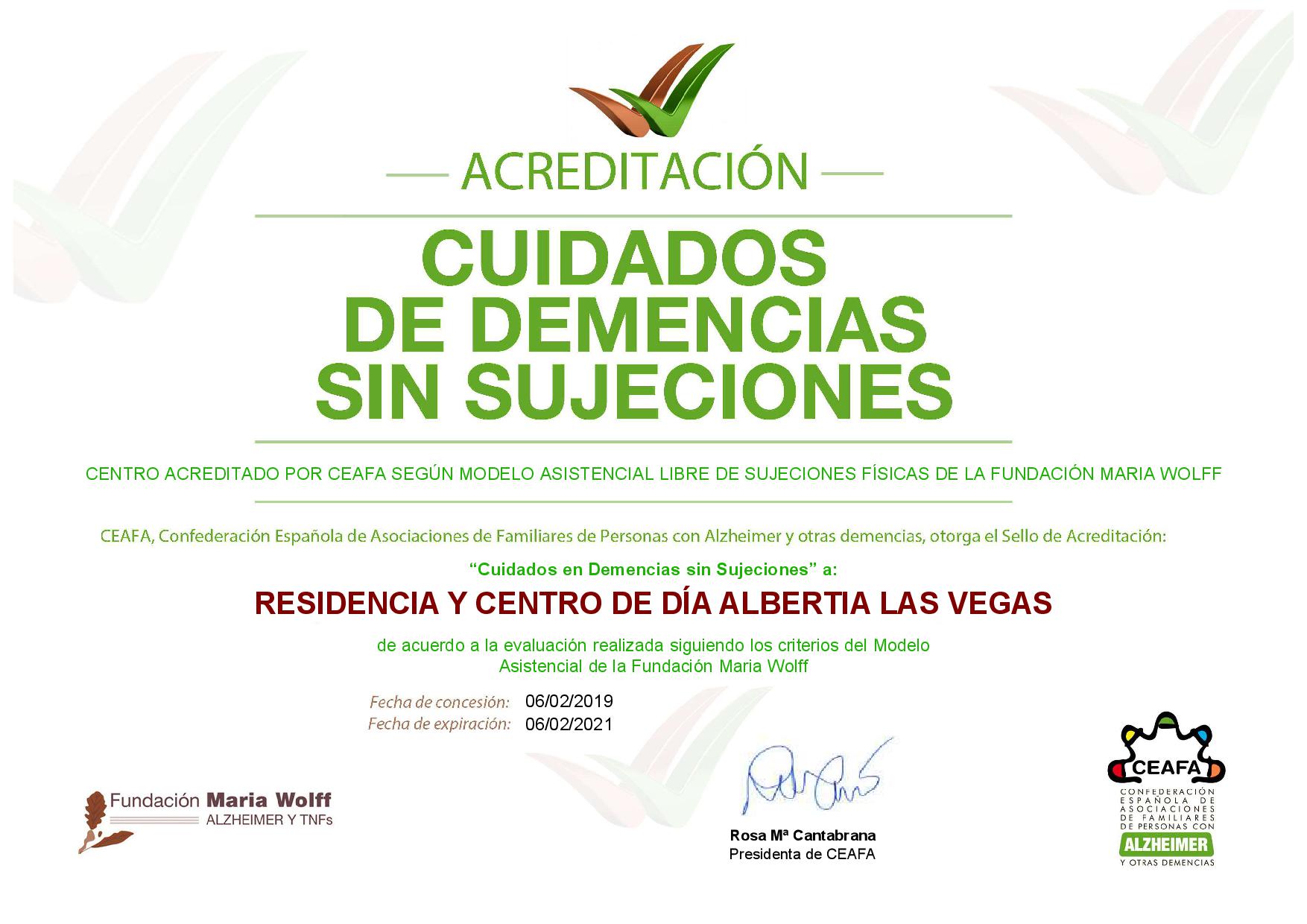 acreditación Residencia y Centro de Día Albertia Las Vegas sujeciones fisicas